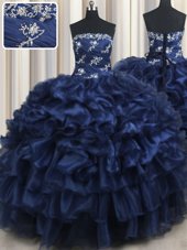 Adorable Navy Blue Ball Gowns Strapless Sleeveless Organza Floor Length Lace Up Appliques and Ruffles and Pick Ups Ball Gown Prom Dress