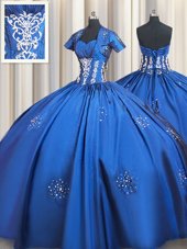 Ideal Short Sleeves Lace Up Floor Length Beading and Appliques Ball Gown Prom Dress
