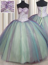 Custom Design Multi-color Lace Up Sweetheart Beading and Sequins Ball Gown Prom Dress Tulle Sleeveless