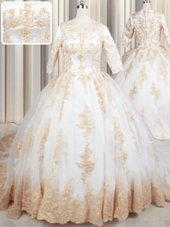 Scoop Tulle Half Sleeves Vestidos de Quinceanera Court Train and Beading and Lace and Appliques