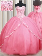 Watermelon Red Sweetheart Lace Up Beading and Appliques Quinceanera Dress Brush Train Sleeveless