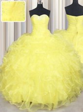Eye-catching Yellow Lace Up Sweet 16 Quinceanera Dress Beading and Ruffles Sleeveless Floor Length