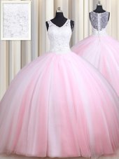 High Quality Straps Straps Pink And White Sleeveless Tulle Zipper Quinceanera Gowns for Military Ball and Sweet 16 and Quinceanera