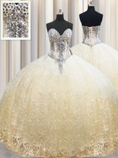 Champagne Organza Lace Up Sweetheart Sleeveless Floor Length Sweet 16 Dresses Beading and Appliques