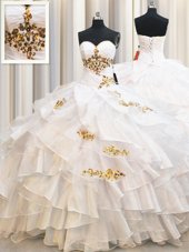 White Sleeveless Floor Length Beading and Ruffled Layers Lace Up Ball Gown Prom Dress