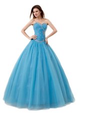 Sumptuous Tulle Sweetheart Sleeveless Lace Up Beading and Ruching Quince Ball Gowns in Baby Blue