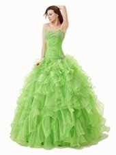 Classical A-line Organza Sweetheart Sleeveless Beading and Ruffles Floor Length Lace Up Quince Ball Gowns