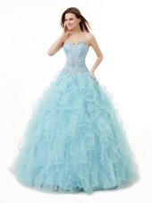 Beauteous Light Blue Sweetheart Neckline Beading and Ruffles Quince Ball Gowns Sleeveless Lace Up