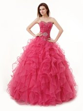 Top Selling Organza Sweetheart Sleeveless Lace Up Beading and Ruffles Ball Gown Prom Dress in Coral Red