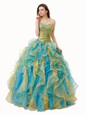 Graceful Beading and Ruffles and Ruching Quinceanera Gown Multi-color Lace Up Sleeveless Floor Length