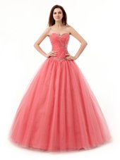 Custom Made Watermelon Red A-line Tulle Sweetheart Sleeveless Beading and Ruching Floor Length Lace Up Sweet 16 Dresses