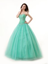 Vintage Sleeveless Chiffon Floor Length Lace Up Quinceanera Gown in Turquoise for with Beading and Ruching