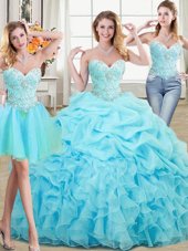 Perfect Three Piece Pick Ups Aqua Blue Sleeveless Organza Lace Up Sweet 16 Quinceanera Dress for Military Ball and Sweet 16 and Quinceanera