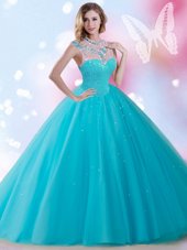 Stunning Aqua Blue Ball Gowns High-neck Sleeveless Tulle Floor Length Zipper Beading and Sequins Quinceanera Gowns