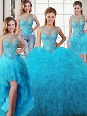 Four Piece Scoop Baby Blue Sleeveless Beading and Ruffles Floor Length Ball Gown Prom Dress
