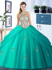 Trendy Halter Top Sleeveless Sweet 16 Quinceanera Dress Floor Length Embroidery and Pick Ups Turquoise Tulle