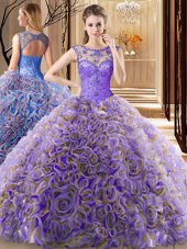 Traditional Scoop Sleeveless Fabric With Rolling Flowers Quince Ball Gowns Beading Brush Train Lace Up