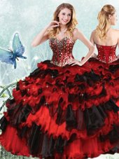 On Sale Red And Black Lace Up Quinceanera Gowns Beading and Ruffled Layers and Sequins Sleeveless Floor Length