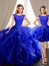 Traditional Three Piece Royal Blue Ball Gowns Tulle Scoop Cap Sleeves Beading and Appliques and Ruffles With Train Lace Up Vestidos de Quinceanera Brush Train