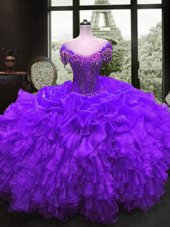 Cap Sleeves Beading and Ruffles Lace Up Quince Ball Gowns