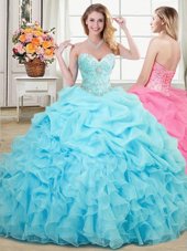 Free and Easy Floor Length Aqua Blue Quinceanera Dresses Organza Sleeveless Beading and Ruffles and Pick Ups