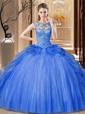 Scoop Sleeveless Quince Ball Gowns Floor Length Ruffles Blue Tulle and Sequined