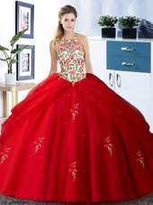 Pick Ups Ball Gowns Vestidos de Quinceanera Red Halter Top Tulle Sleeveless Floor Length Lace Up