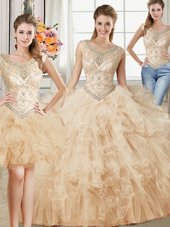 Three Piece Scoop Champagne Sleeveless Tulle Lace Up Quinceanera Dress for Military Ball and Sweet 16 and Quinceanera