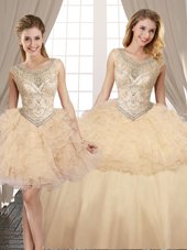 Three Piece Champagne Ball Gowns Scoop Sleeveless Organza and Tulle Floor Length Lace Up Beading and Ruffles Sweet 16 Dress