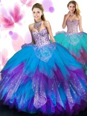 Sleeveless Tulle Floor Length Lace Up Sweet 16 Dresses in Multi-color for with Beading and Ruffled Layers