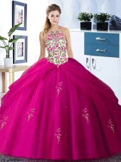 Halter Top Orange Red Tulle Lace Up 15 Quinceanera Dress Sleeveless Floor Length Embroidery and Pick Ups