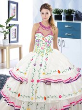 Flirting White Halter Top Lace Up Embroidery and Ruffled Layers 15 Quinceanera Dress Sleeveless