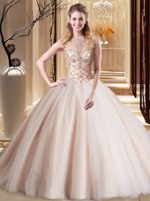 Peach Ball Gowns Scoop Sleeveless Tulle Brush Train Lace Up Beading Sweet 16 Quinceanera Dress