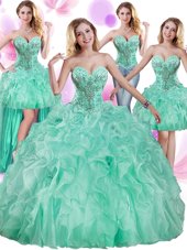Decent Four Piece Apple Green Ball Gowns Beading and Ruffles Vestidos de Quinceanera Lace Up Organza Sleeveless Floor Length