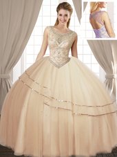 Scoop Beading 15 Quinceanera Dress Champagne Lace Up Sleeveless Floor Length