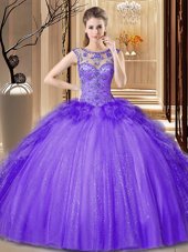 Romantic Sequins Scoop Sleeveless Lace Up Quinceanera Dresses Purple Tulle