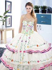 Fitting Scoop White Lace Up Sweet 16 Dress Beading and Embroidery and Ruffled Layers Sleeveless Floor Length