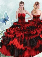 Decent Red And Black Lace Up Strapless Appliques and Ruffled Layers Quinceanera Gown Organza Sleeveless