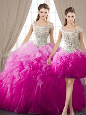 Three Piece Off the Shoulder Fuchsia Sleeveless Floor Length Beading and Ruffles Lace Up Quince Ball Gowns