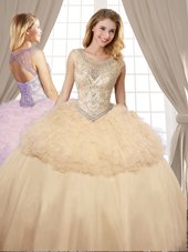 Scoop Sleeveless Organza and Tulle Floor Length Lace Up Vestidos de Quinceanera in Champagne for with Beading and Ruffles