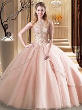 High Class Scoop Peach Lace Up 15th Birthday Dress Beading Sleeveless Brush Train
