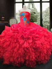 Red Sleeveless Organza Lace Up Quince Ball Gowns for Military Ball and Sweet 16 and Quinceanera