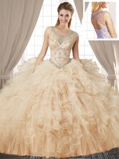 Smart Scoop Sleeveless Floor Length Beading and Ruffles Lace Up Quinceanera Dress with Champagne