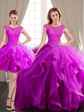 Most Popular Three Piece Fuchsia Scoop Lace Up Beading and Appliques and Ruffles Ball Gown Prom Dress Brush Train Cap Sleeves