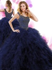 Scoop Beading and Ruffles Ball Gown Prom Dress Navy Blue Zipper Sleeveless Floor Length