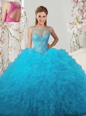 Scoop Floor Length Ball Gowns Sleeveless Baby Blue Sweet 16 Dress Lace Up