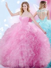 Fantastic Rose Pink Zipper High-neck Beading and Ruffles and Pick Ups Sweet 16 Dresses Tulle Sleeveless