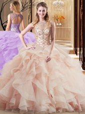 Peach Sweet 16 Dresses Scoop Sleeveless Brush Train Lace Up