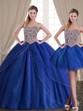 Three Piece Royal Blue Tulle Lace Up Sweetheart Sleeveless Floor Length Ball Gown Prom Dress Beading