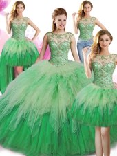 Customized Four Piece Scoop Sleeveless Quinceanera Dresses Floor Length Beading and Ruffles Green Tulle